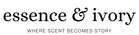 Logo of 'essence & ivory' with tagline 'Where Scent Becomes Story' on a white background